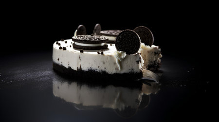 Chocolate cake with cream on a black background. Selective focus.の素材