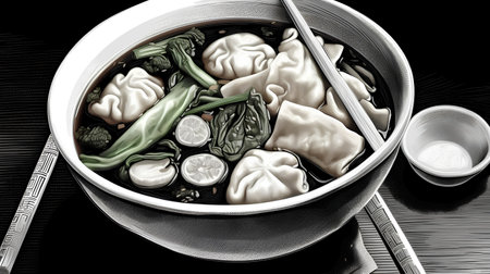 Chinese dumplings in a bowl on a wooden table, top viewの素材