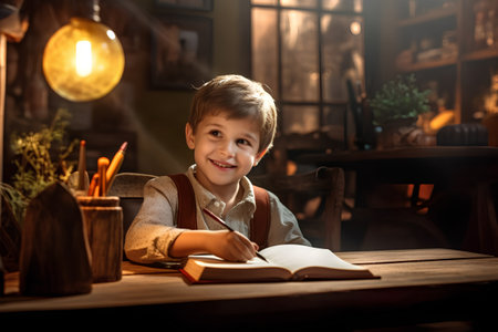 Cute little boy doing his homework at home. Education concept.の素材