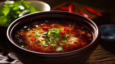Japanese ramen noodle soup in bowl on wooden table background.の素材