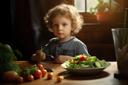 Cute little boy eating fresh vegetable salad at home. Healthy food conceptの素材