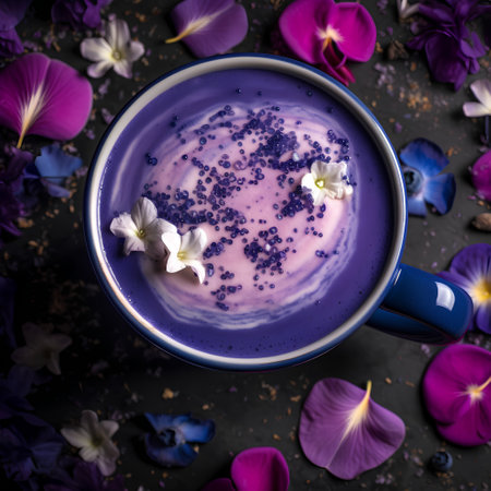 Cup of blue tea with purple flower petals, top viewの素材