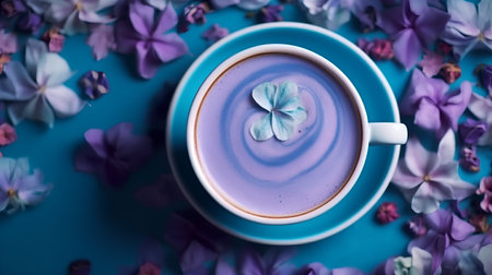 Blue cup of coffee and lilac flowers on blue background, top viewの素材