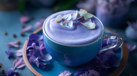Blue cup of coffee with purple hydrangea flowers on blue backgroundの素材