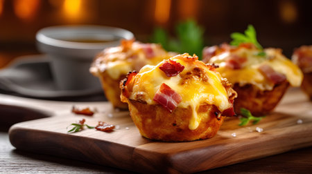 Baked muffins with bacon and cheese on a wooden board.の素材