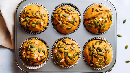 Homemade pumpkin muffins in a baking dish on a light backgroundの素材