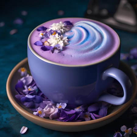 Blue cup of latte with lilac petals on a blue backgroundの素材