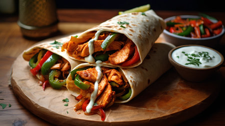 Tortilla wrap with chicken and vegetables. Traditional mexican food.の素材