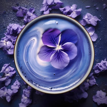Blue bowl of water with violet flowers and petals on dark backgroundの素材