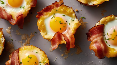 Fried eggs with bacon and herbs on grey background, top viewの素材