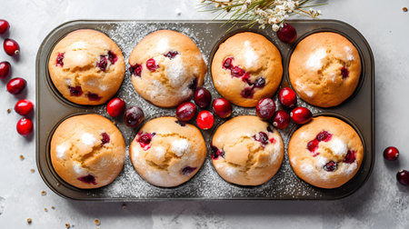 Homemade cranberry muffins on a baking sheet, top viewの素材