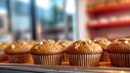 Banana muffins on a baking sheet in a bakery. Selective focus.の素材