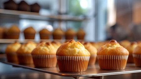 Muffins on a metal tray in a bakery. Selective focus.の素材