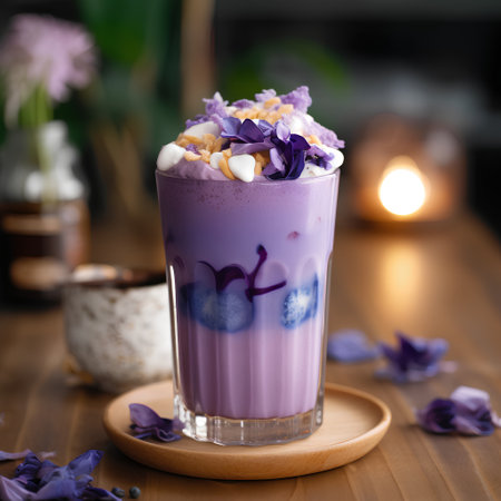 Blueberry smoothie with whipped cream and purple flowers in a glassの素材