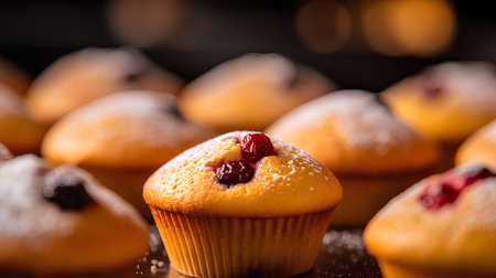 Homemade muffins with cherries on a dark background. Selective focus.の素材