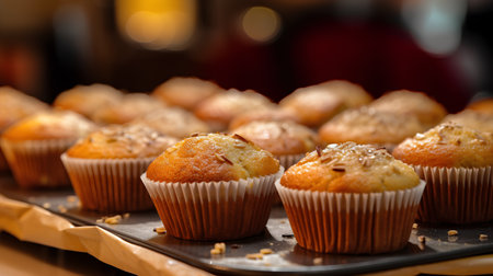 Fresh baked muffins on a baking sheet. Selective focus.の素材
