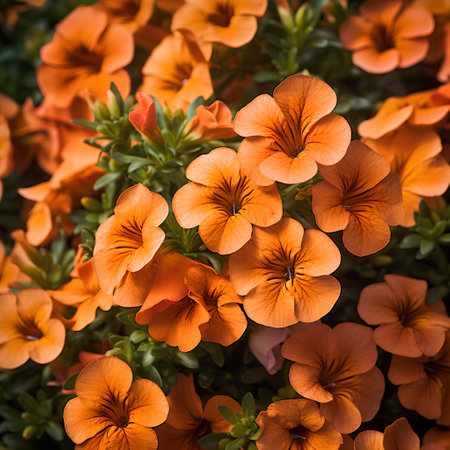 Beautiful orange petunia flowers in the garden. Floral backgroundの素材