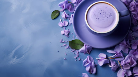 Cup of coffee with purple petals on blue background, top viewの素材