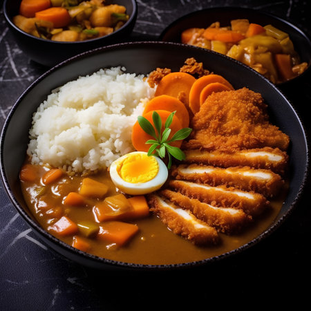 Japanese pork cutlet in curry sauce with rice and vegetables on black backgroundの素材