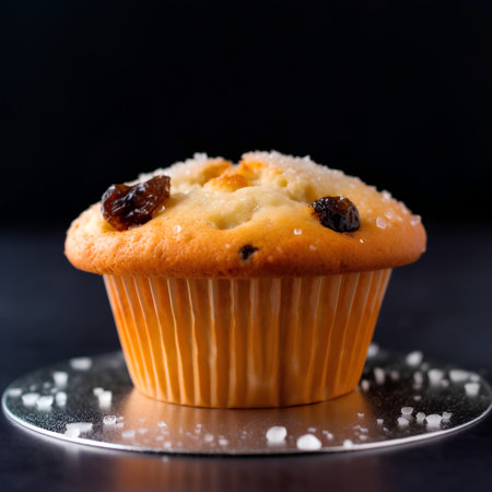Homemade muffin with raisins and sugar on a black backgroundの素材