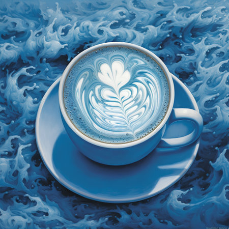 Cup of coffee with latte art on blue water background.の素材