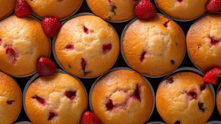 Top view of a row of muffins with strawberries in a paper cup.の素材