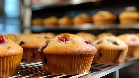 Freshly baked muffins in a bakery shop. Selective focus.の素材