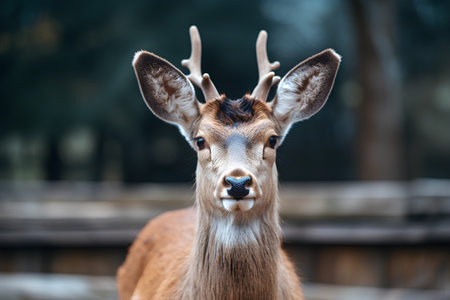 Portrait of a young deer with antlers in a zoo.の素材