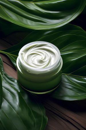 cosmetic cream in a jar on a background of green leaves.の素材