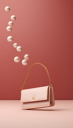 Luxury leather clutch with pearl necklace on a pink background.の素材