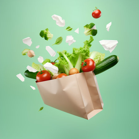 Paper bag full of fresh vegetables flying in the air isolated on green backgroundの素材