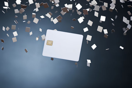 3d rendering of a white credit card with falling pieces of paperの素材