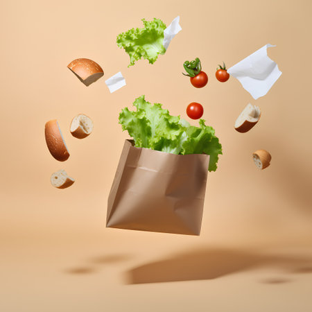 Flying vegetables in paper bag on beige background. Concept of healthy eating.の素材