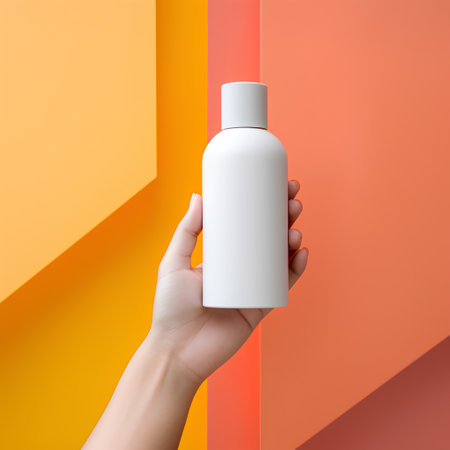 Female hand holding white cosmetic bottle on orange and orange background. Mock upの素材