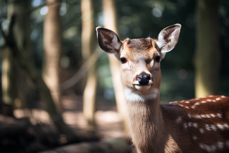 Portrait of a young deer in the forest. Selective focus.の素材