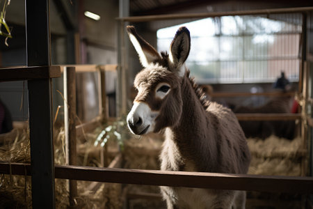 Portrait of a donkey in a corral on a farm.の素材