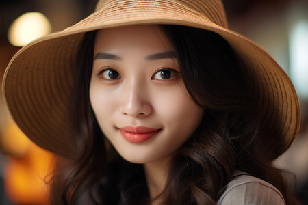 Portrait of beautiful young asian woman wearing hat in cafe.の素材