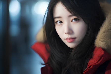 Portrait of a beautiful asian woman with red jacket in winterの素材