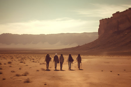 Hiking in the Wadi Rum desert in Jordan. Vintage filterの素材