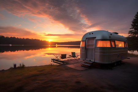 Camper trailer on the lake at sunset. Camping on nature.の素材