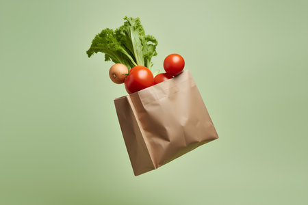 Paper bag with vegetables levitating on a green background. Concept of healthy eating.の素材