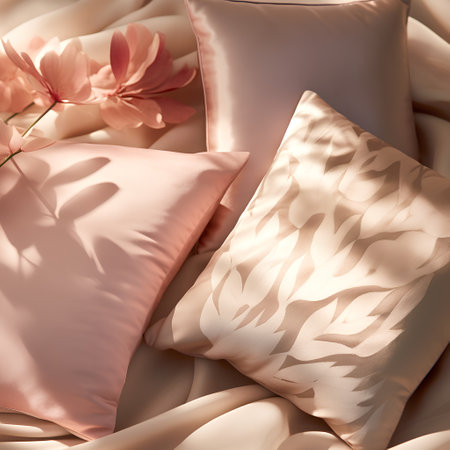 3d render of beige fabric with pink pillows and flowersの素材