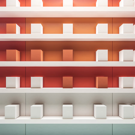 3d illustration of empty shelves and boxes in modern interior. 3d renderingの素材