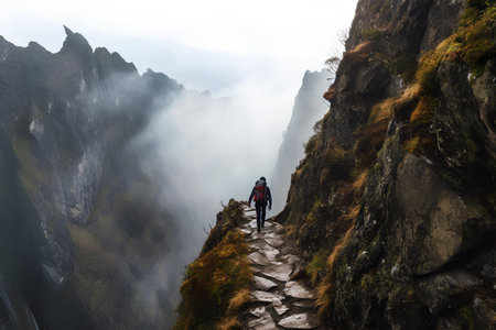 Hiker on the trekking trail in Himalayas, Nepalの素材