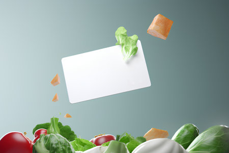 Fresh vegetables with blank card on green background. 3d illustration.の素材