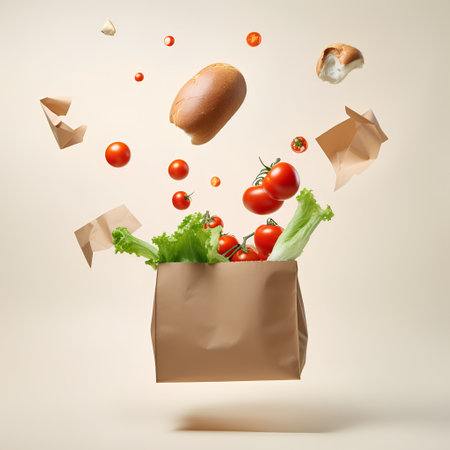 Paper bag full of fresh vegetables flying out of it. 3d renderingの素材