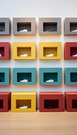 Shoes in colorful boxes on wooden floor. 3d render illustrationの素材