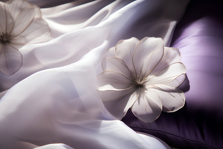White fabric with a flower in the center, close-up, macroの素材