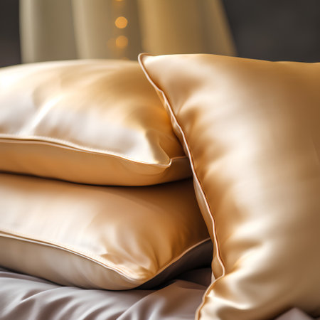 Close up of golden pillows on bed in hotel room. 3d renderingの素材