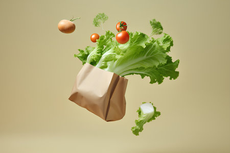 Vegetables levitating in a paper bag. 3d renderingの素材